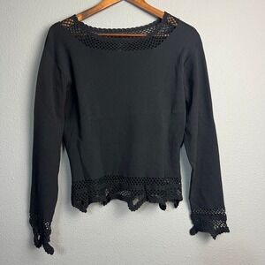 HADI Collection‎ Black Crochet Trim L/SL Whimsical Top XL Elegant Gothic Grunge